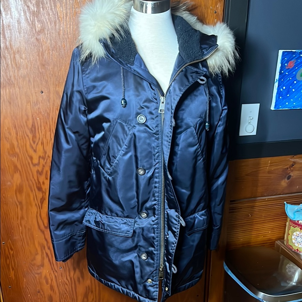A.P.C. Blue Puffer Jacket with Fur Trim and Water-Resistant Material